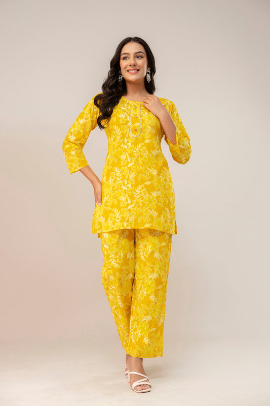 Sunshine Bloom Cotton Kurta Set – Mustard Yellow Floral