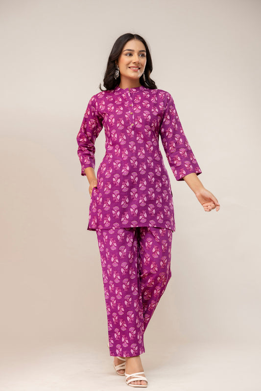 Plum Petal Printed Cotton Kurta Set – Violet Magenta