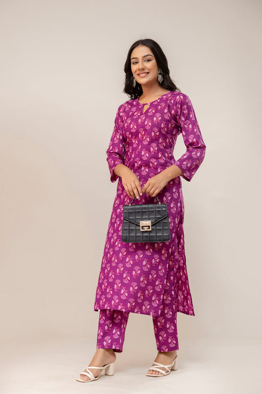 Royal Bloom Floral Cotton Kurta Pant Set – Plum Pink Elegance