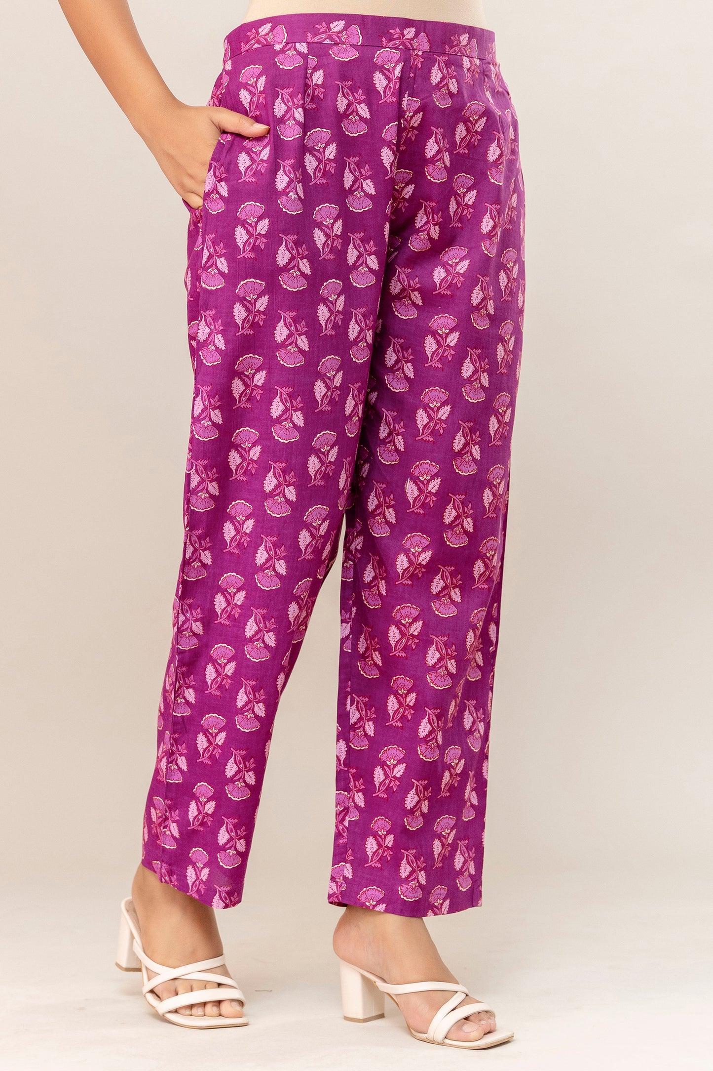 Royal Bloom Floral Cotton Kurta Pant Set – Plum Pink Elegance