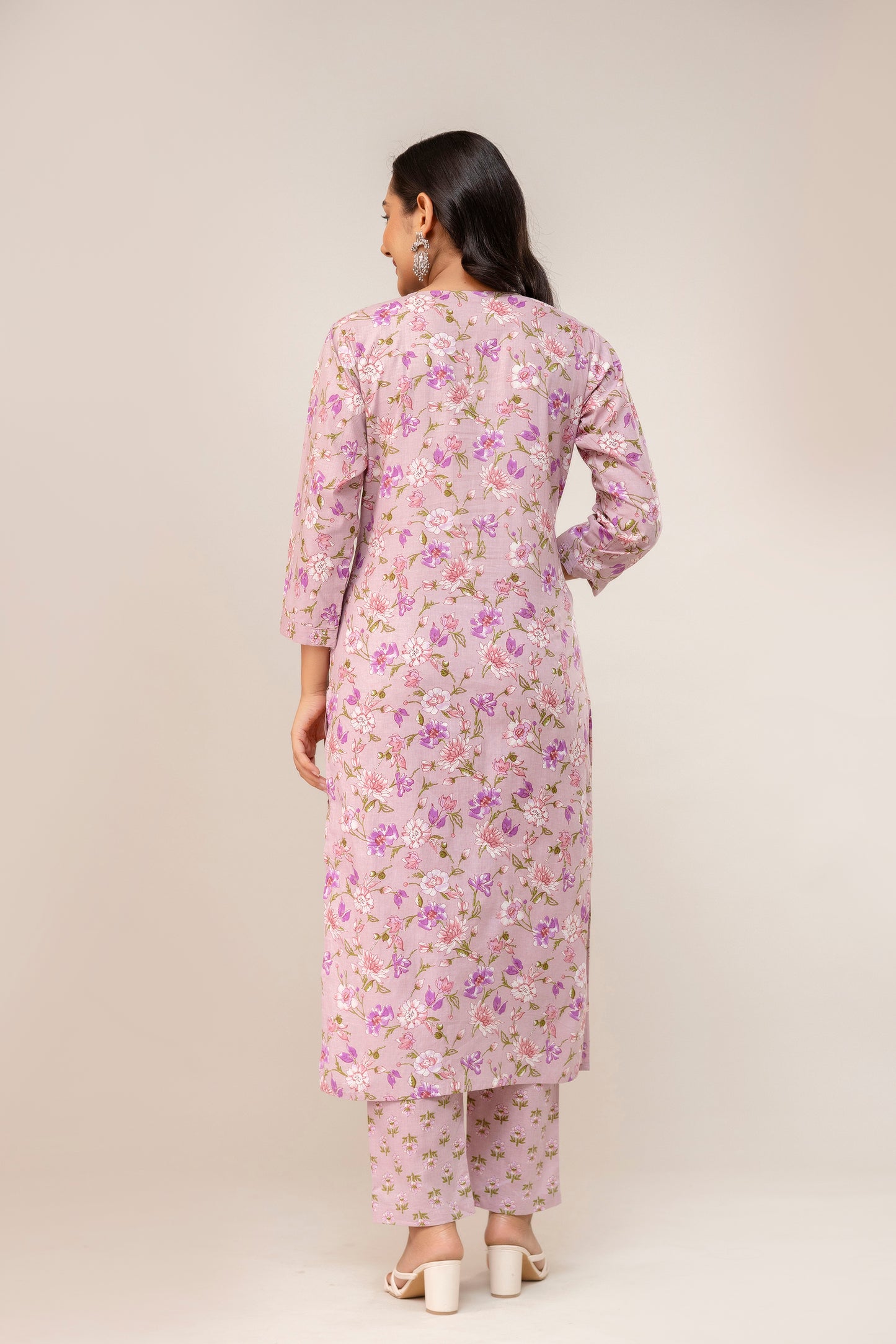 Blush Meadow Floral Cotton Kurta Pant Set – Soft Pink Elegance