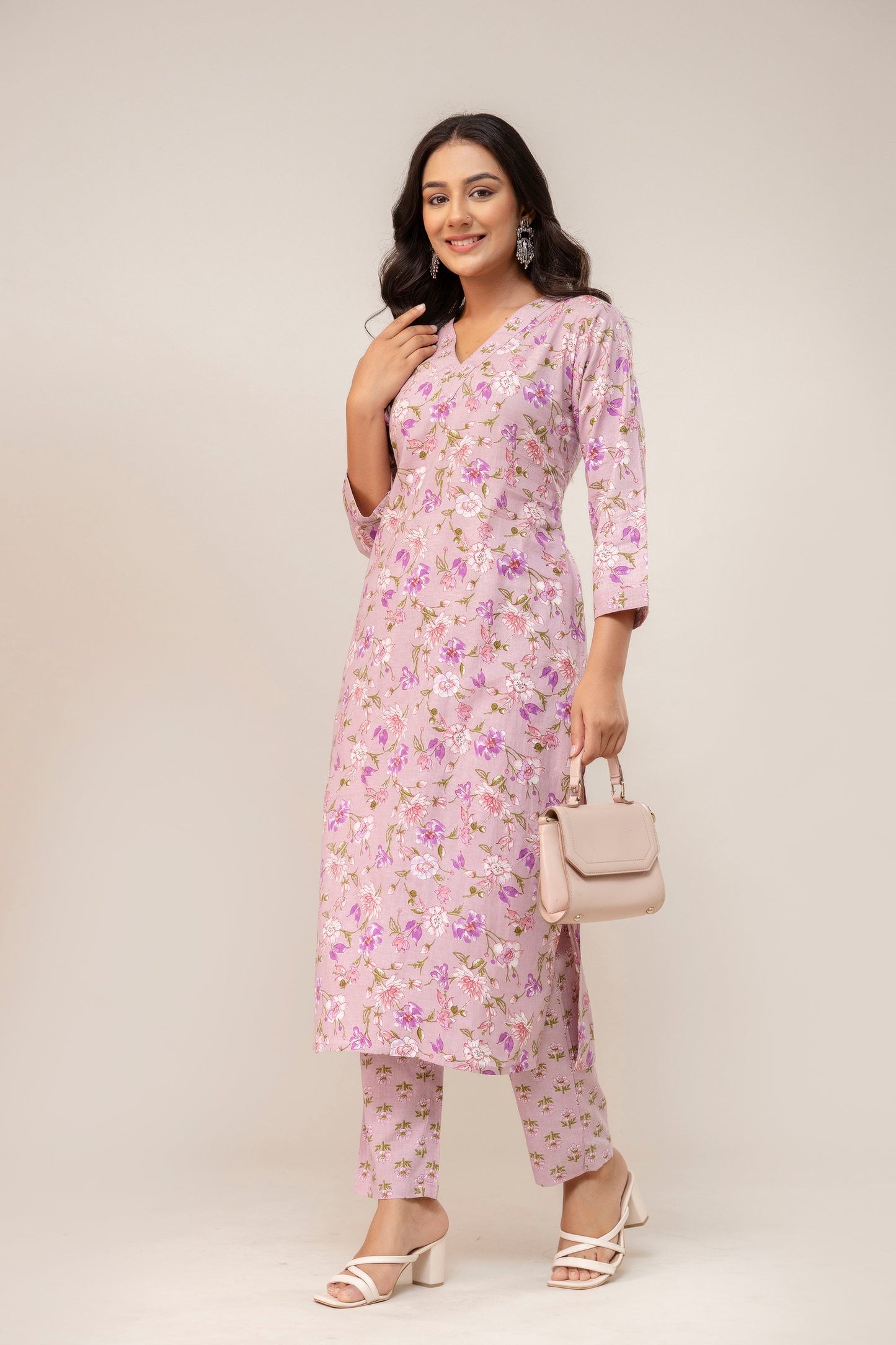 Blush Meadow Floral Cotton Kurta Pant Set – Soft Pink Elegance