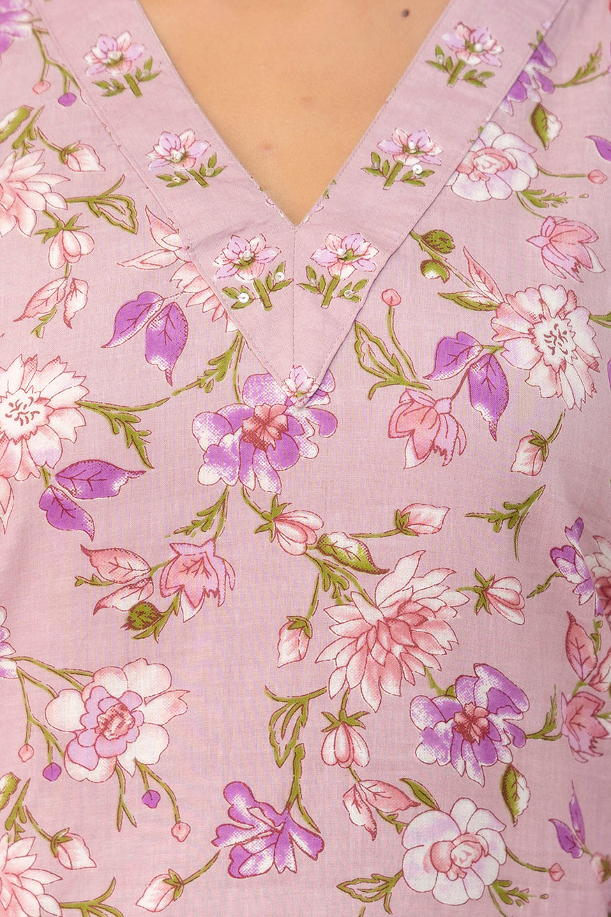 Blush Meadow Floral Cotton Kurta Pant Set – Soft Pink Elegance
