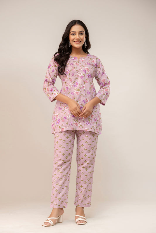 Blush Bloom Printed Cotton Kurta Pant Set