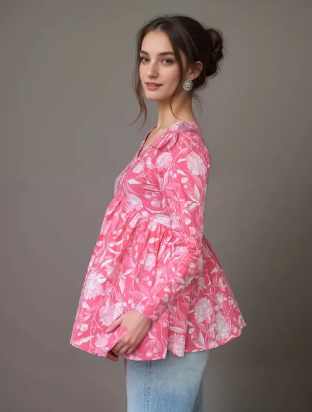 Casual Regular Sleeves Floral Print Women Pink Top