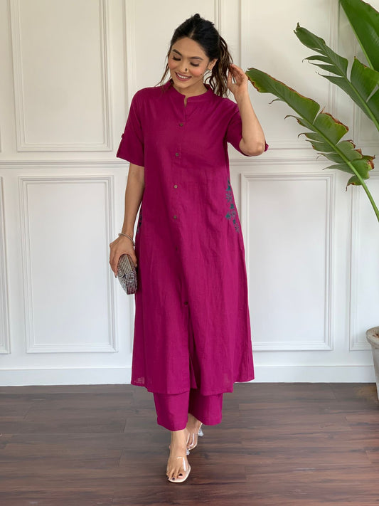 Fuchsia Pink Embroidered Cotton Kurta and Plazo Set with Pockets