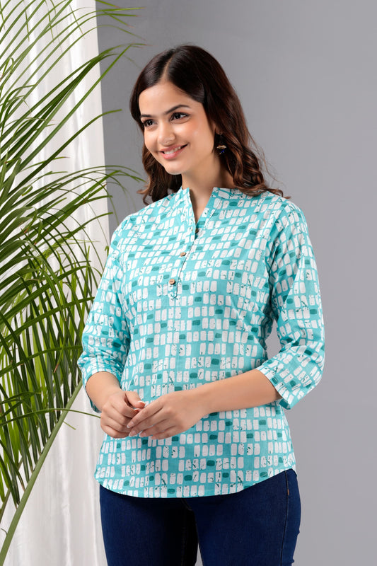 Cut and Style Women Rayon Floral Printed Kurti Tunic (Blue White)