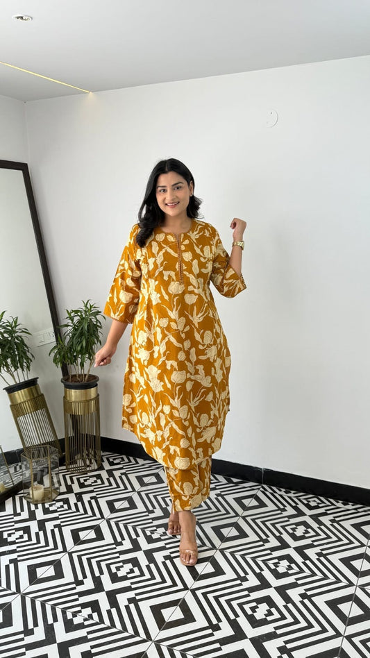 Premium Elegant Mustard Floral Cotton Kurta & Pant Set