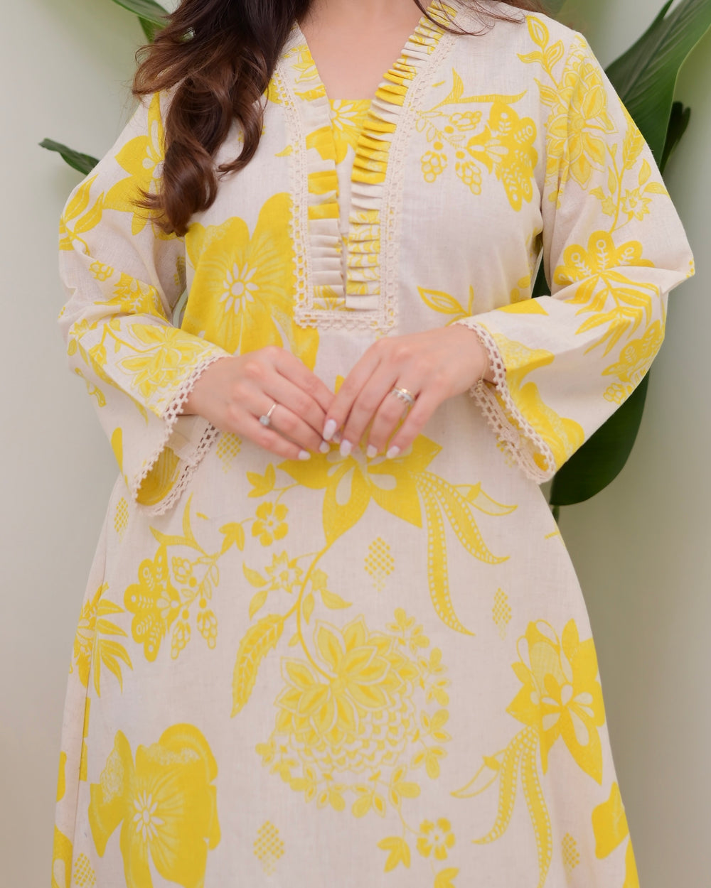 YELLOW FLORAL A LINE COTTON KURTA SET