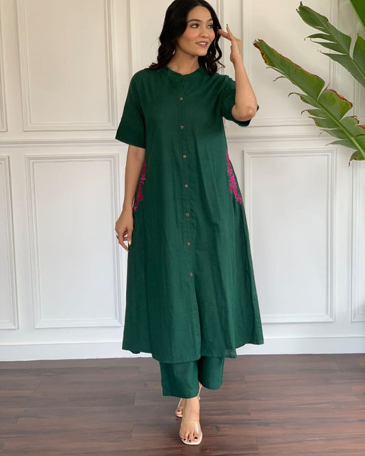 Dark Green Embroidered Cotton Kurta And Plazzo Set with Pockets