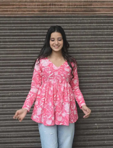 Casual Regular Sleeves Floral Print Women Pink Top