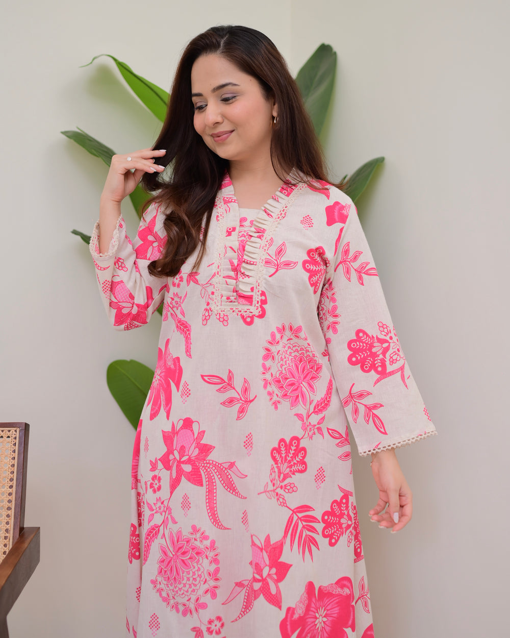 PINK FLORAL A LINE COTTON KURTA SET