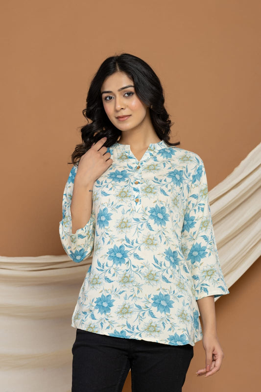 Gipsy Women White & Blue Printed Cotton Short Kurti