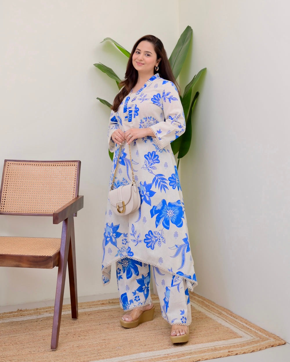 BLUE FLORAL A LINE PREMIUM 100% COTTON KURTA SET