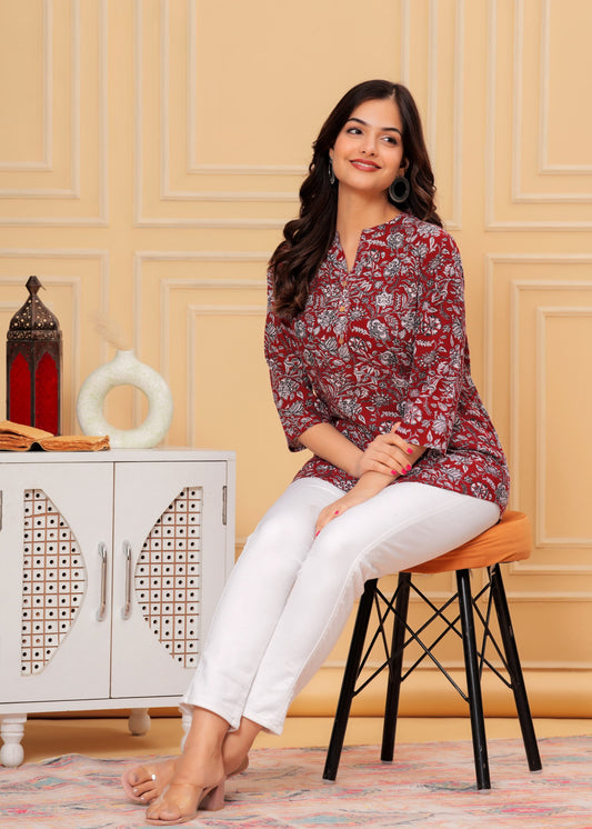 Red Cotton Straight Tunic Top