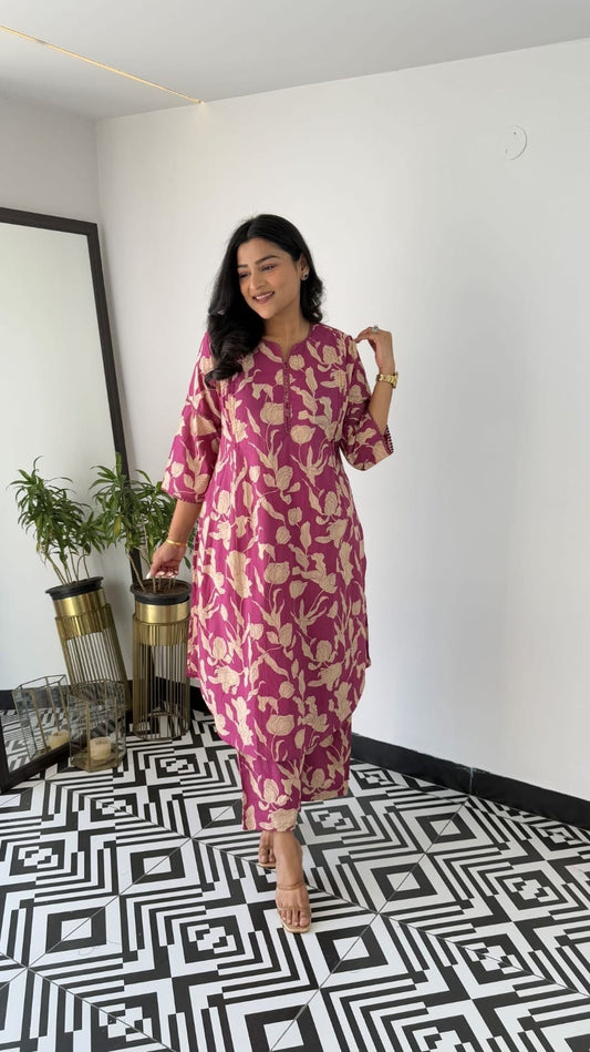 Premium Pink Floral Cotton Kurta & Pant Set