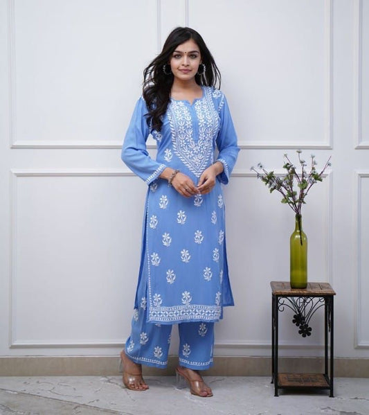 Rayon Bright Colour Chicken Embroidery On Kurti And Pant
