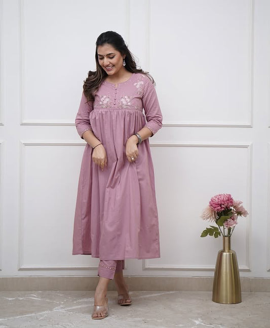 Blush Pink Embroidered Cotton Kurta Pant Set
