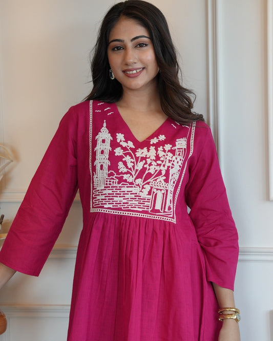 Magenta Embroidered Premium Cotton Co-Ord Set