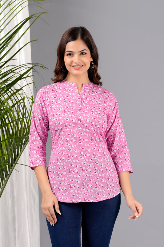 Crosstrap Women Tunics Top Cotton Floral Printed Short Kurti Pink Color