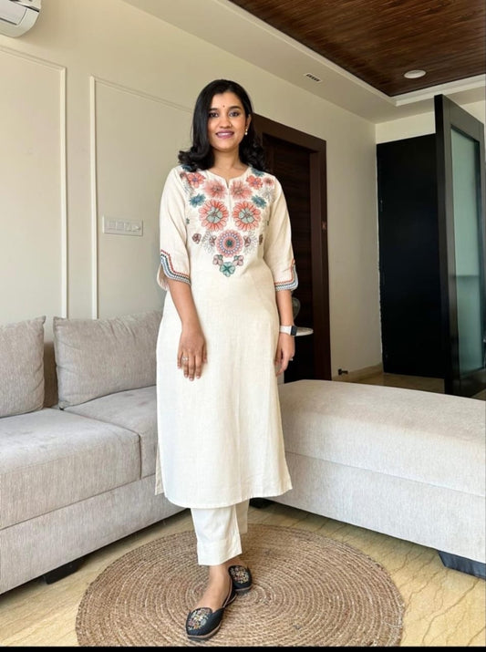 Elegant Floral Off White Cotton Flex Embroidered Kurta Set