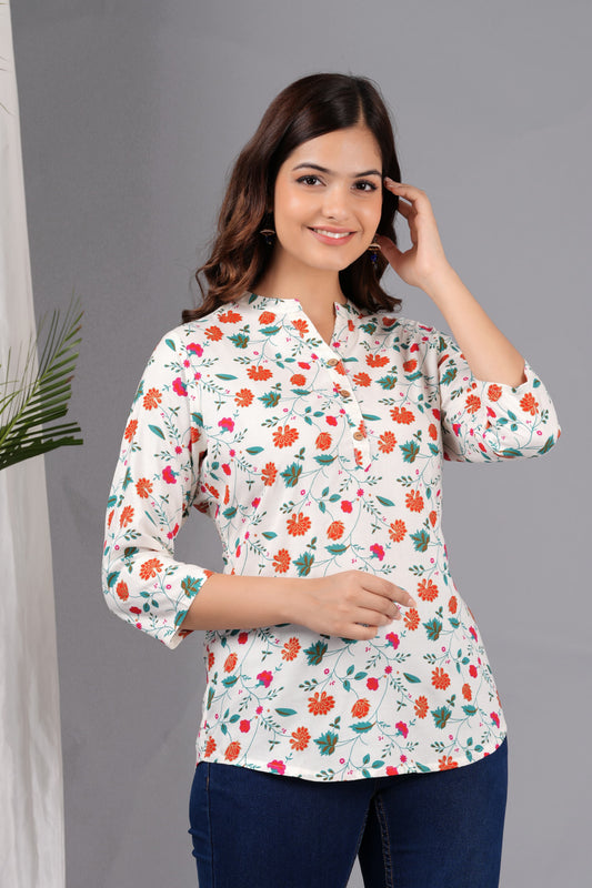 Cut and Style Women Floral Printed Tunic Tops 3/4 Roll Sleeve V Neck Long Sleeve (White Orange Flower)