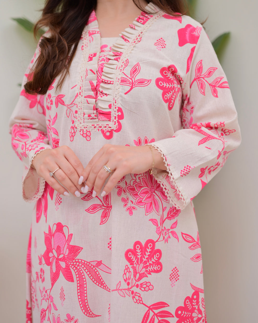 PINK FLORAL A LINE COTTON KURTA SET