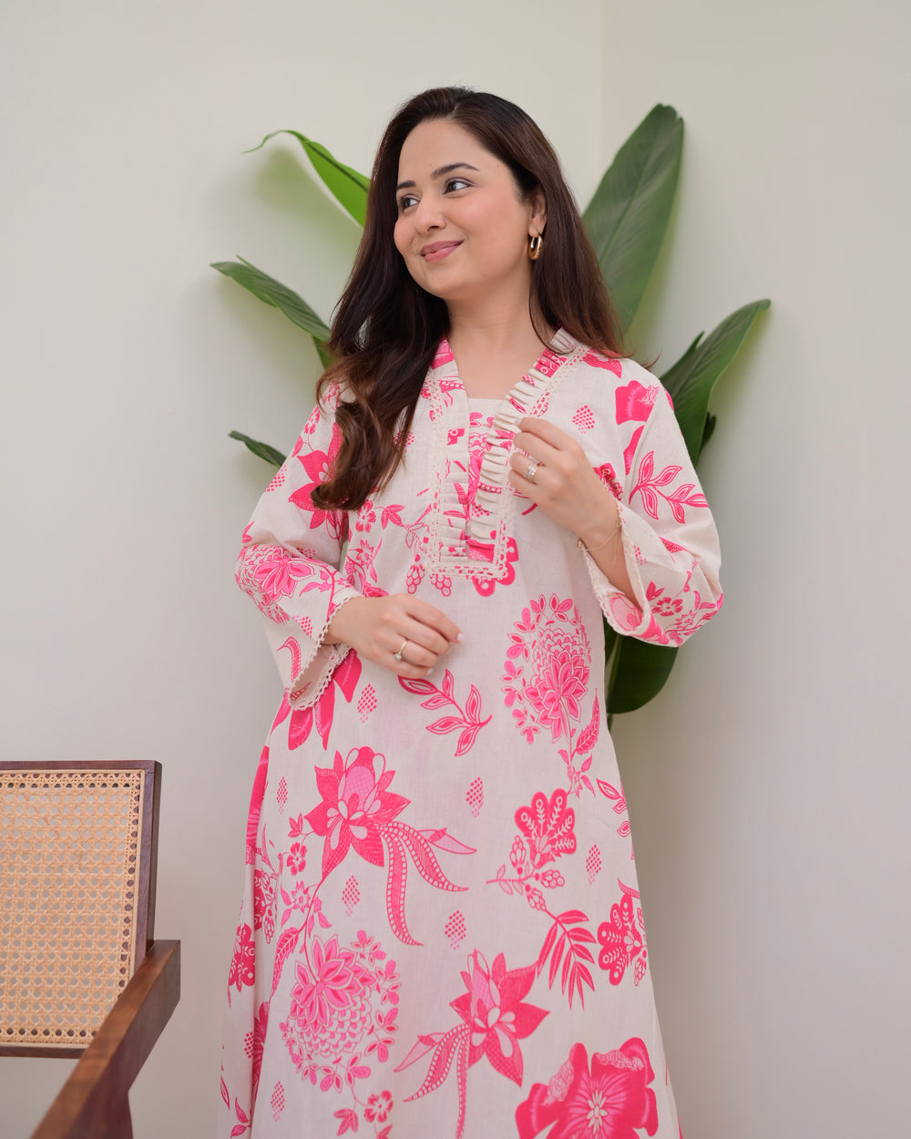 PINK FLORAL A LINE COTTON KURTA SET
