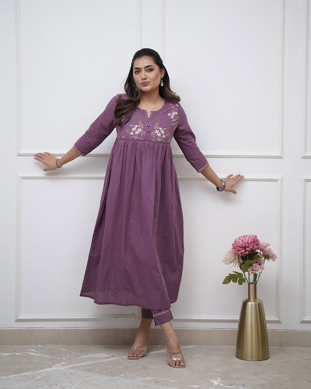 Lavender Dreams Embroidered Cotton Kurta Pant Set