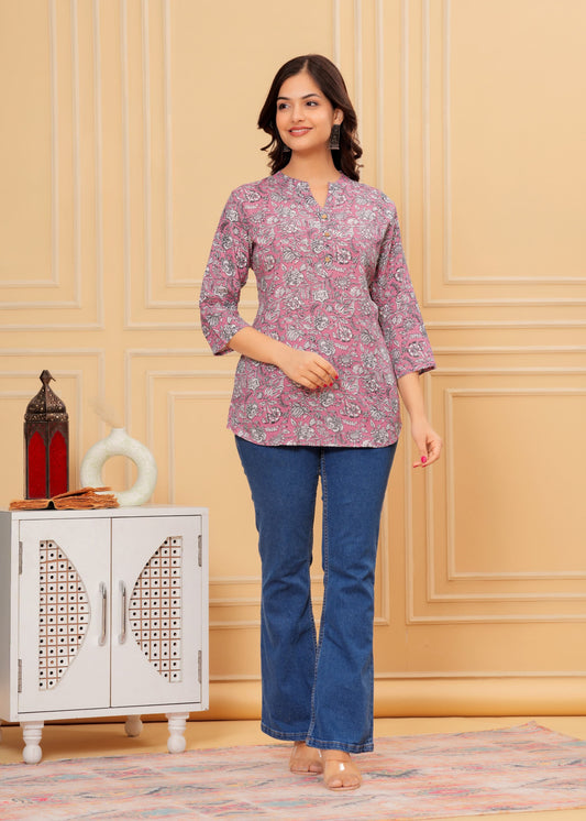 Casual Regular Sleeves Printed Women Purple Top