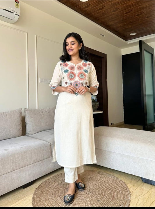 Elegant Floral Off White Cotton Flex Embroidered Kurta Set