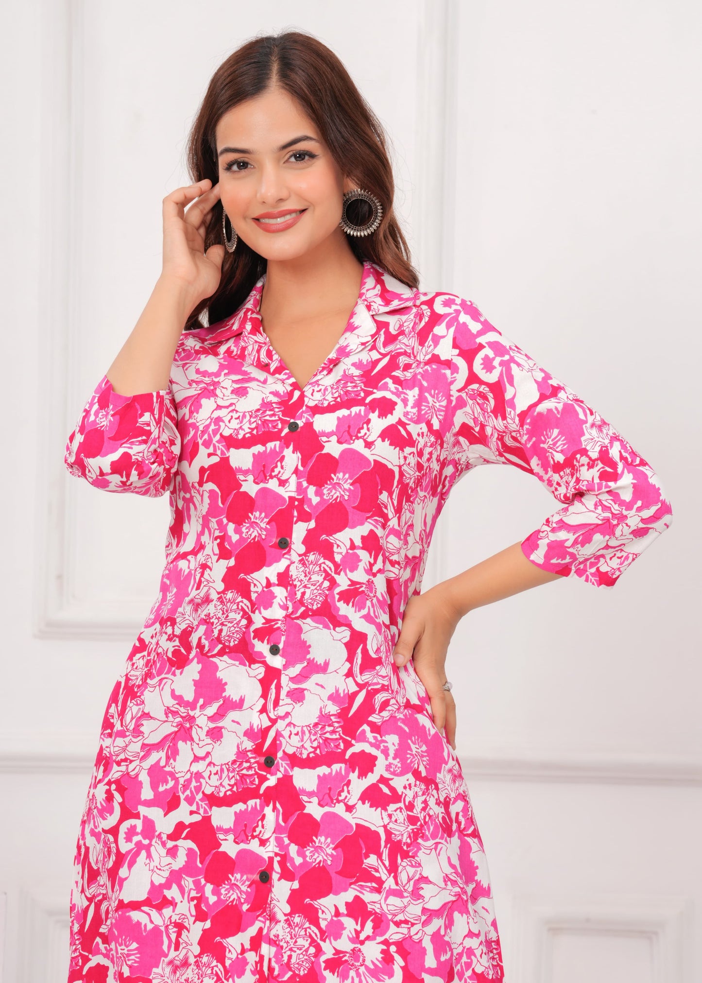 Pink Cotton Printed A Line Cord Set for Women