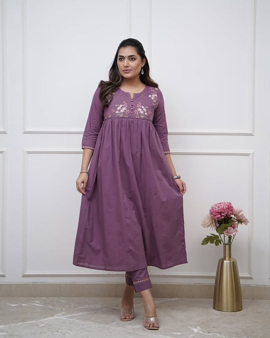 Lavender Dreams Embroidered Cotton Kurta Pant Set