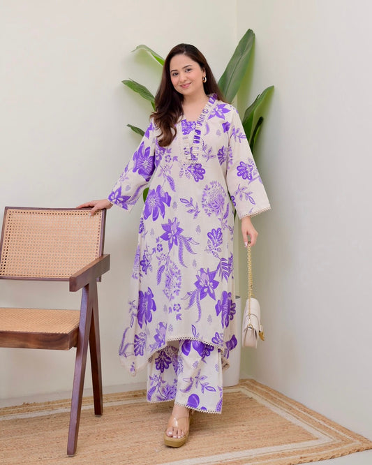 PURPLE FLORAL A LINE PREMIUM 100% COTTON KURTA SET