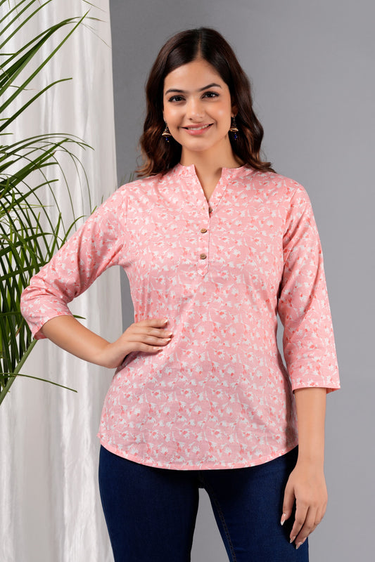 Cut and Style Women Floral Printed Tunic Tops 3/4 Roll Sleeve V Neck Long Sleeve (Peach)