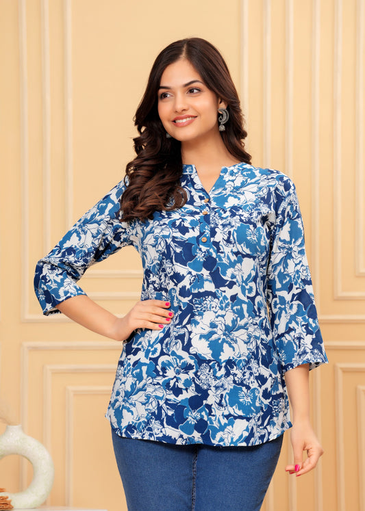 Premium blue flower printed rayon girls topper