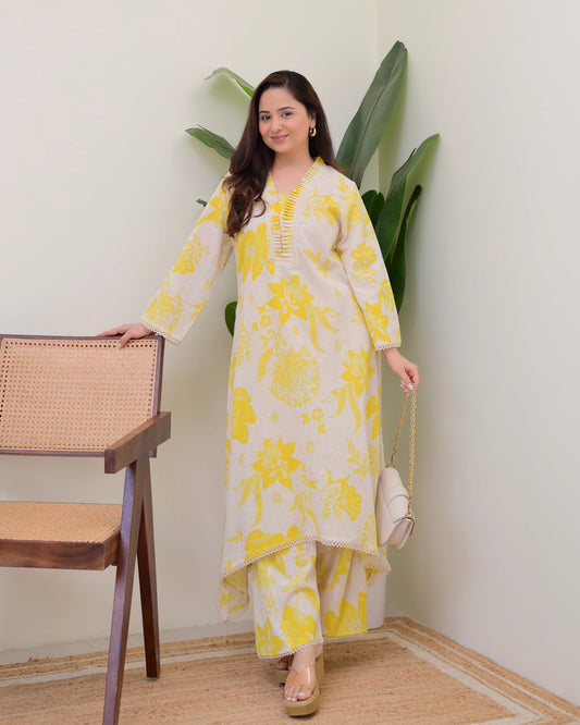 YELLOW FLORAL A LINE COTTON KURTA SET