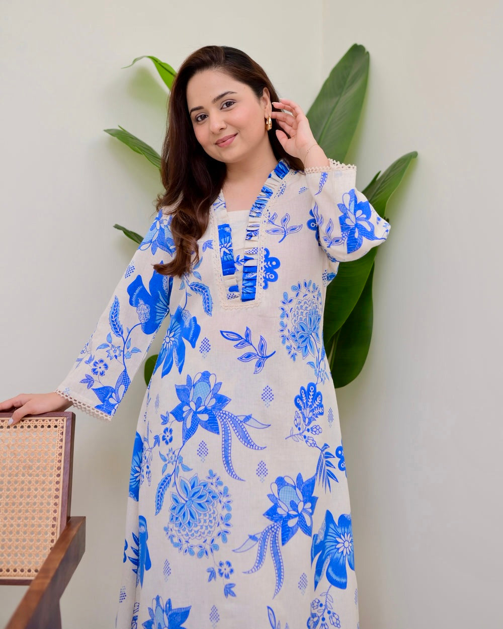 BLUE FLORAL A LINE PREMIUM 100% COTTON KURTA SET