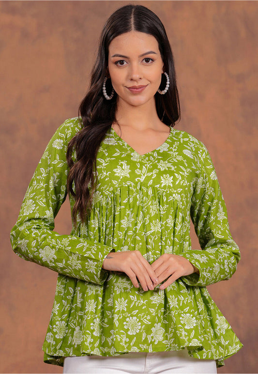 Printed Pure Cotton Top in Green