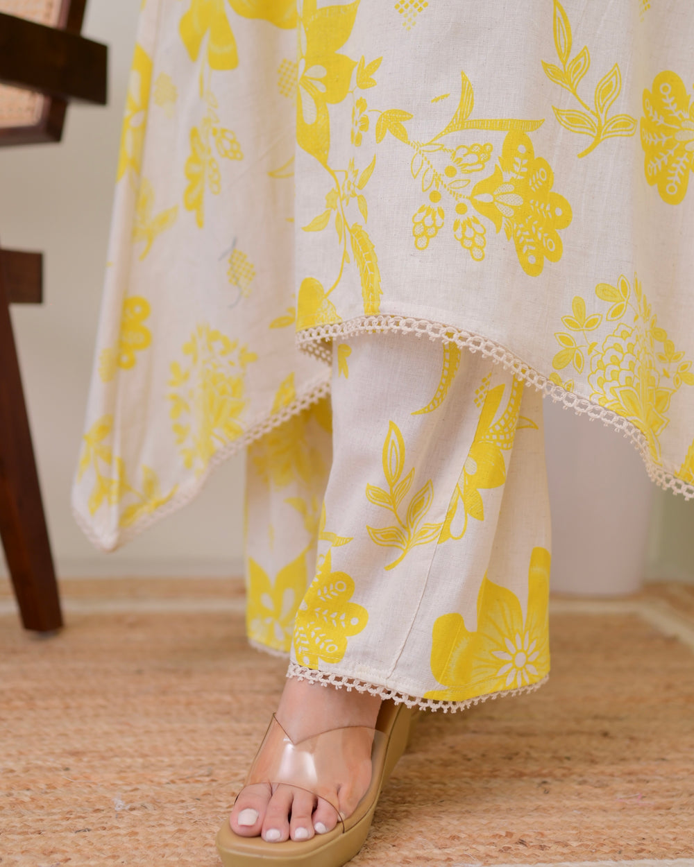 YELLOW FLORAL A LINE COTTON KURTA SET