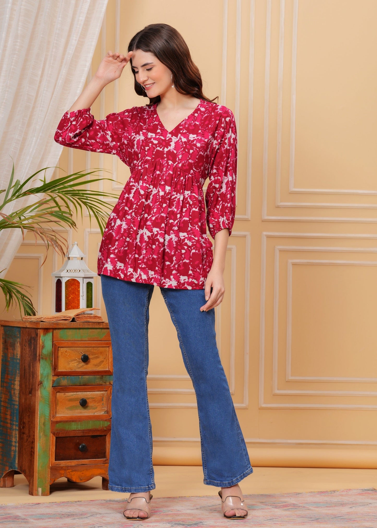 Maroon Cotton V-neck Top