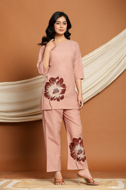 Dusty Rose Bloom Co-ord Set with hand-painted floral motifs