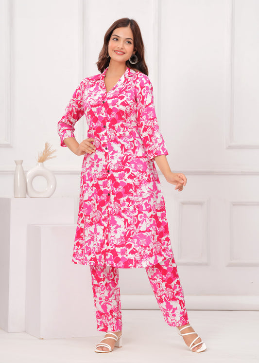 Pink Cotton Printed A Line Cord Set for Women