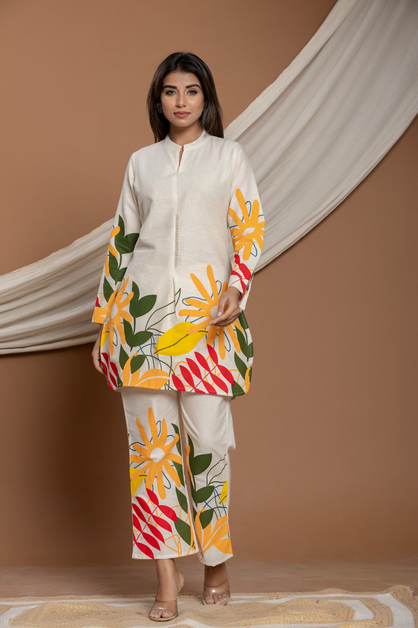 Ivory Cotton Tropical Printed Cotton Co-Ord Set for Summer