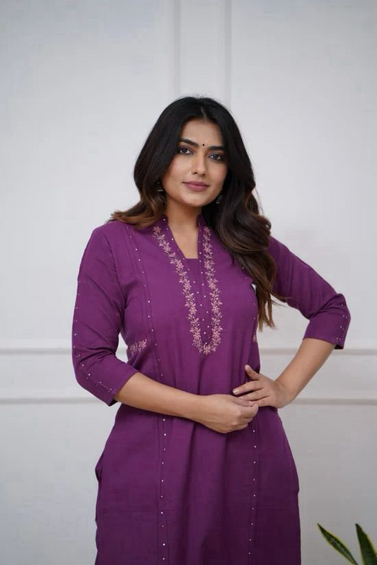 WINE EMBROIDERED INDIAN COTTON SALWAR KAMEEZ STRAIGHT KURTI PANT CO ORD SET