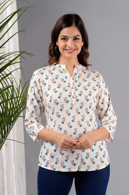 Casual Regular Sleeves Printed Women White Top Tunic