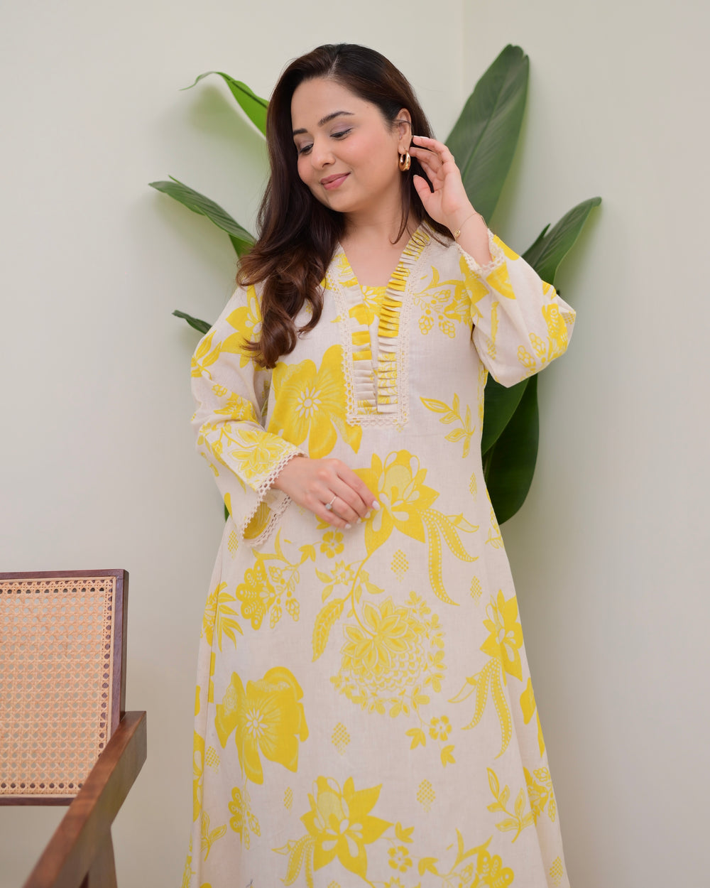 YELLOW FLORAL A LINE COTTON KURTA SET