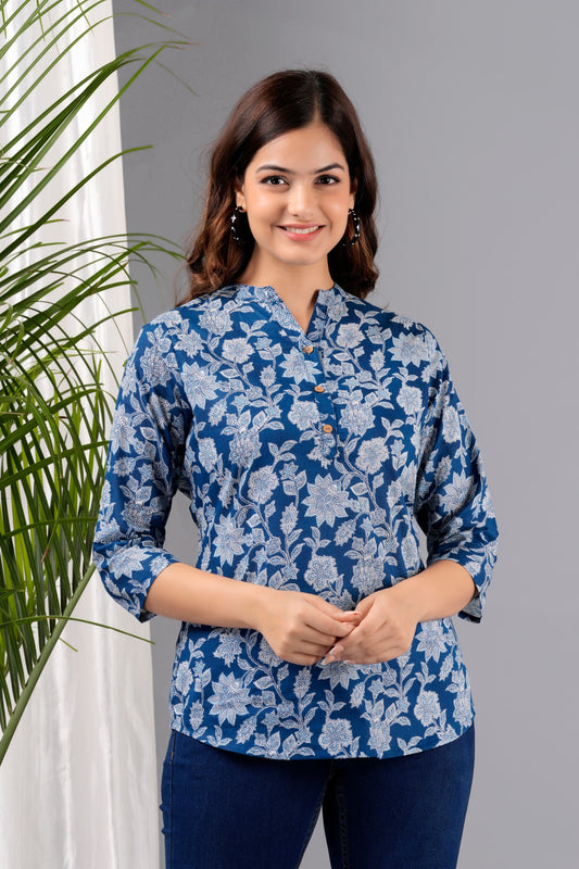 Cut and Style Women Floral Printed Short Kurti Tunic Top ¾ Sleeves (Navy Blue-Flower)
