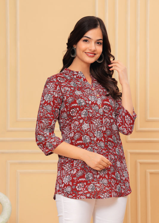 Red Cotton Straight Tunic Top