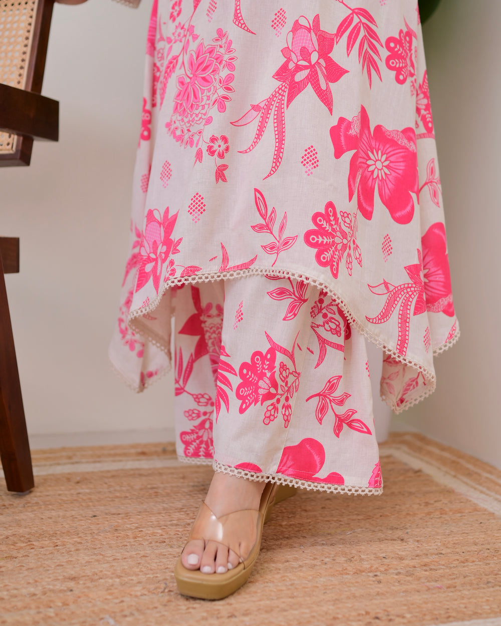 PINK FLORAL A LINE COTTON KURTA SET